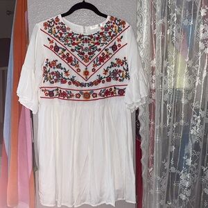 Umgee Floral Embroidered Boho Bell Sleeves Cream Mini Dress